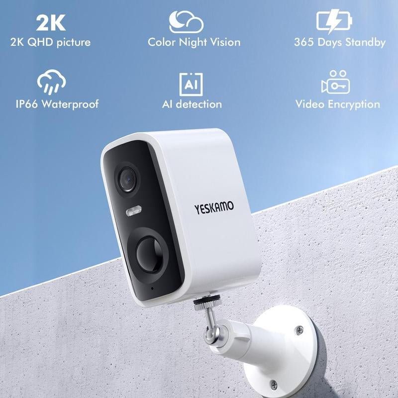 Battery Rechargeable Security Camera Wireless Indoor/Outdoor 2.4Ghz Wifi , 2K Color Night Vision, Automatic Alarm, AI Detection