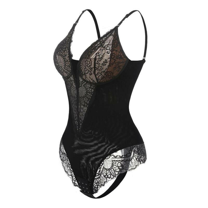 Popilush Women's Deep-V Neck Lace Shapewear Bodysuit