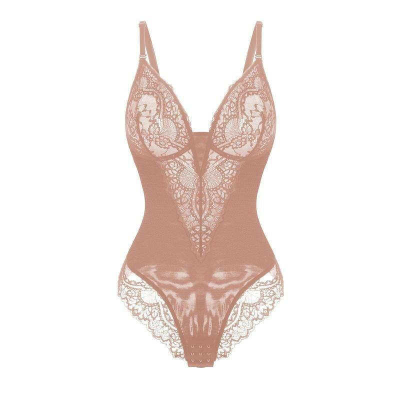 Popilush Women's Deep-V Neck Lace Shapewear Bodysuit