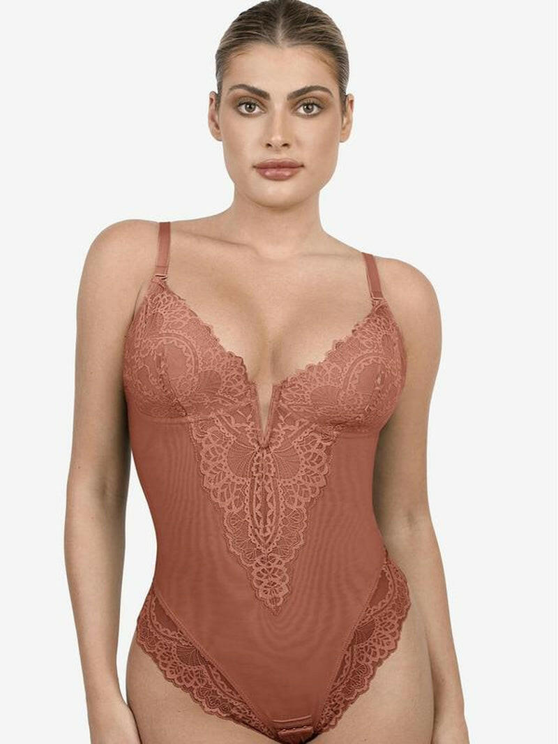 Popilush Women's Deep-V Neck Lace Shapewear Bodysuit
