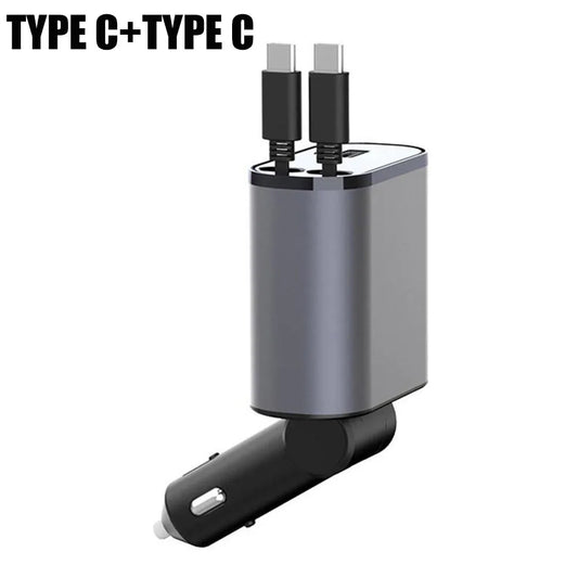 100W 4 in 1 Retractable Car Charger USB Type C Cable for Iphone Fast Cord Cigarette Lighter Adapter