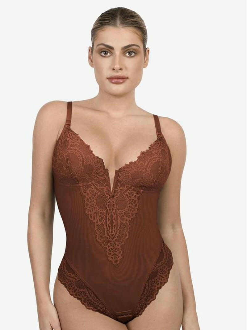 Popilush Women's Deep-V Neck Lace Shapewear Bodysuit