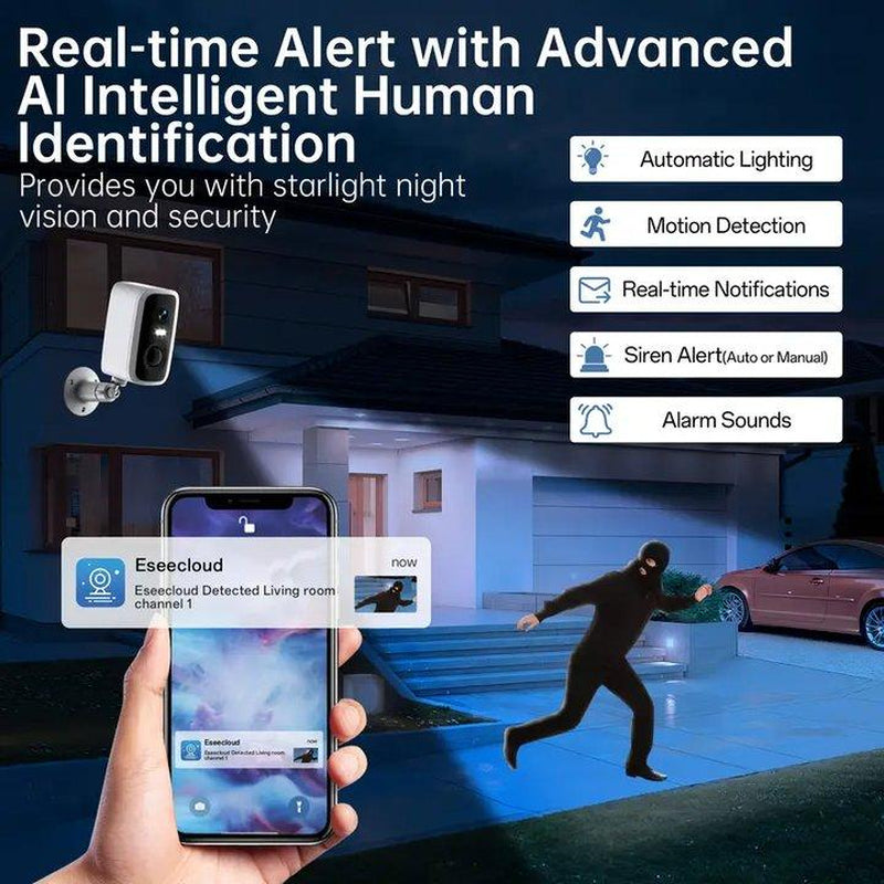 Battery Rechargeable Security Camera Wireless Indoor/Outdoor 2.4Ghz Wifi , 2K Color Night Vision, Automatic Alarm, AI Detection